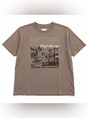 DOE Main Street Market Vinyl Records Graphic T-Shirt XXL Taupe NYC Oversized Tee